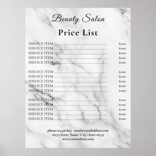 Poster Vintage Beauty Salon Price List (Devant)