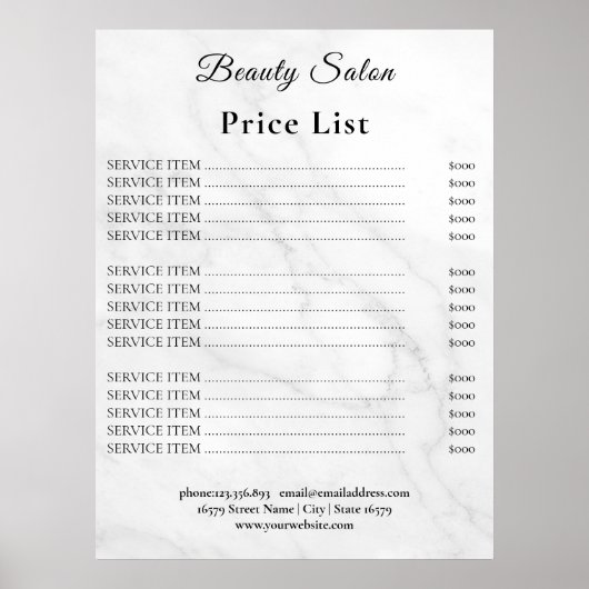 Poster Vintage Beauty Salon Price List (Devant)