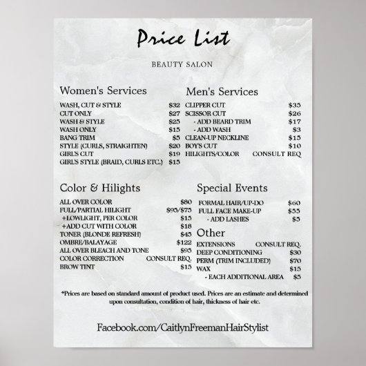 Poster Vintage Beauty Salon Price List (Devant)