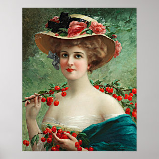 Poster Vintage Belle Dame, Casquette Fleurs & Cerises