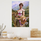 Poster Vintage Belle Lady rose Ruban Fleurs blanches (Cuisine)