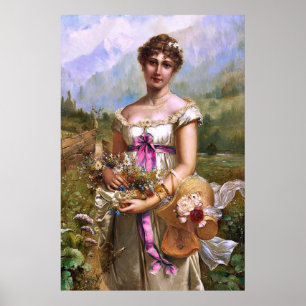 Poster Vintage Belle Lady rose Ruban Fleurs blanches