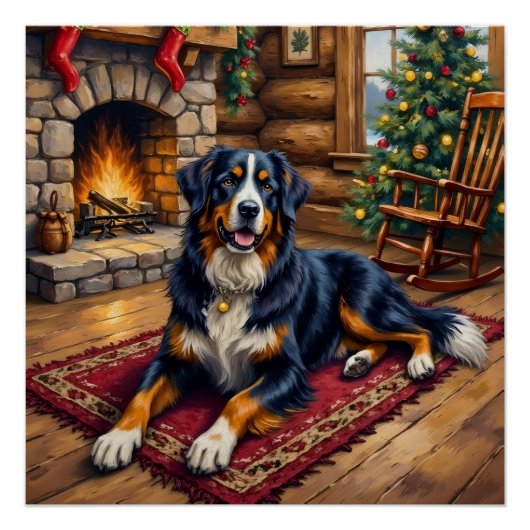 Poster Vintage Bernese Mountain Dog Cozy Christmas Cabin (Devant)