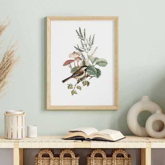 Poster Vintage Bird and Mushroom Botanical
