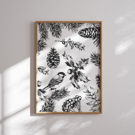 Poster Vintage Bird et Pinecone Motif Noël