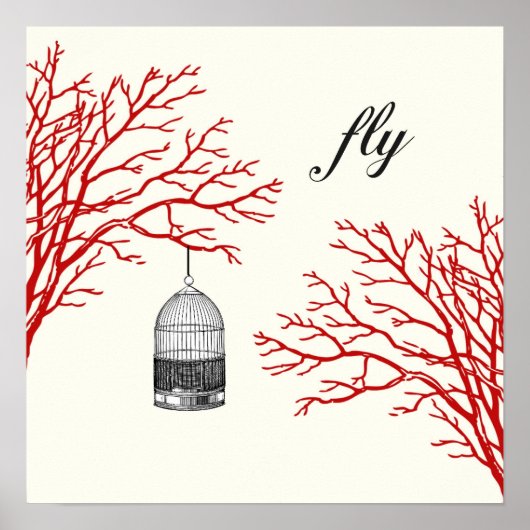 Poster vintage Birdcage Branches rouges "fly" (Devant)