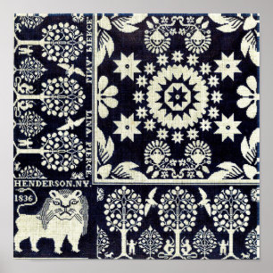 Poster vintage bleu floral fleurs tissu art textile