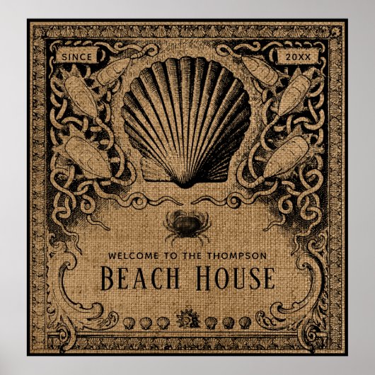 Poster Vintage Burlap Beach House (Devant)