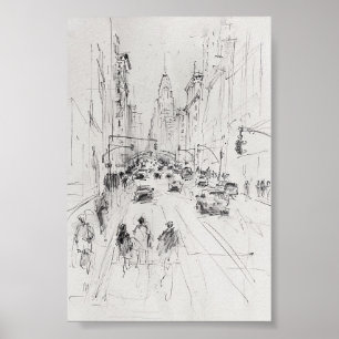 Poster Vintage Busy City Street - Illustration urbaine