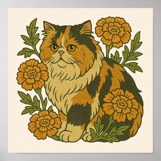 Poster Vintage Calico Kitty Chat Marigold Fleurs (Devant)