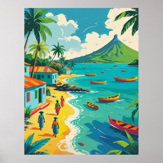 Poster Vintage Caribbean island life scene colourful (Devant)