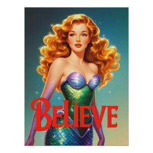 Poster Vintage Cartoon Mermaid Art Retro Croire