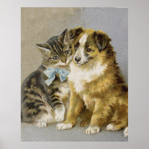 Poster Vintage cat and dog intimate friendship