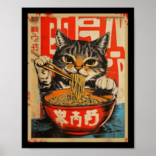 Poster Vintage chat manger Ramen nouilles Art Japonais