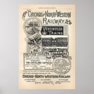 Poster Vintage Chicago North Western Railway Ad de 1888
