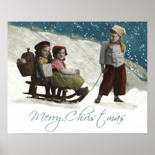 Poster Vintage Children Sledding