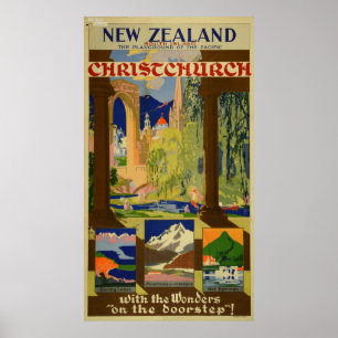 Poster Vintage Christchurch New Zealand Travel