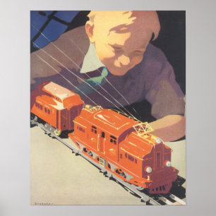 Poster Vintage Christmas, Boy Playing with Toys Trains