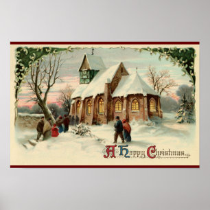 Poster Vintage Christmas Church Parishioners at Dawn Mass