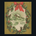 Poster Vintage Christmas Wreath and Winter Cabin<br><div class="desc">This is a vintage illustration of a Christmas wreath and a winter cabin.</div>