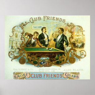 Poster Vintage Cigar Label Art, Club Friends Billiards