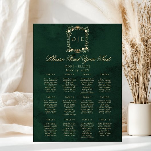 Poster Vintage Crest Monogram Green Gold Wedding Seating