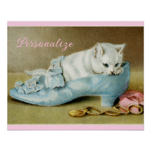 Poster Vintage cute white kitten in a blue satin shoe (Devant)