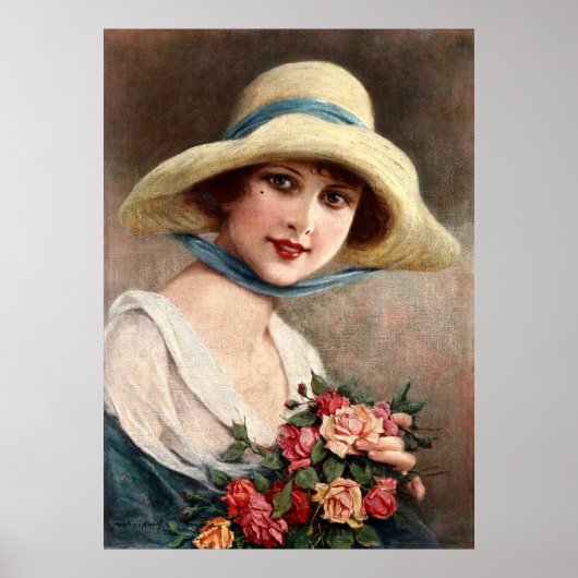 Poster Vintage Dame Avec Bouquet De Roses (Devant)