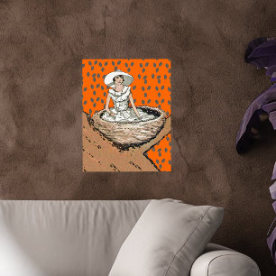 Poster Vintage Dame En Blanc Nid D'Oiseaux Feuilles