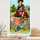 Poster Vintage Dame En Parasol Rouge Fleurs Rouges (Cuisine)