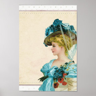 Poster Vintage Dame Victorienne En Tenue Florale Bleue