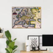 Poster vintage de la carte de l'Europe 1572 (Bureau à domicile)