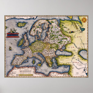 Poster vintage de la carte de l'Europe 1572