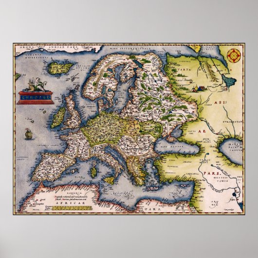 Poster vintage de la carte de l'Europe 1572 (Devant)