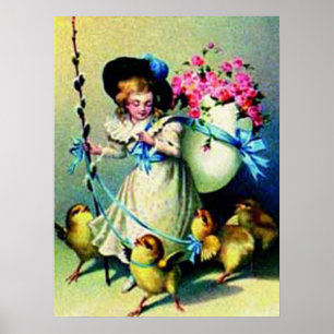 Poster vintage de Pâques pour filles et bébés pous