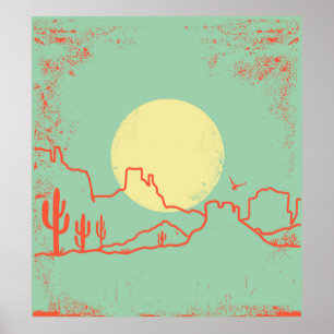 Poster Vintage Desert landscape with Cactuses and Canyon.