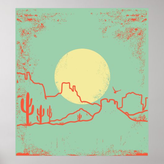 Poster Vintage Desert landscape with Cactuses and Canyon. (Devant)