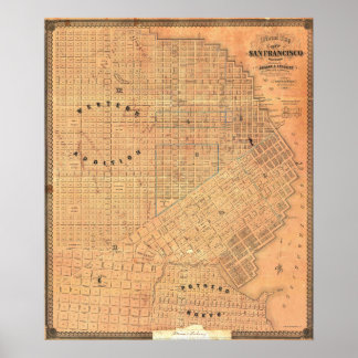 Poster Vintage Detailed Golden San Francisco Map 1859