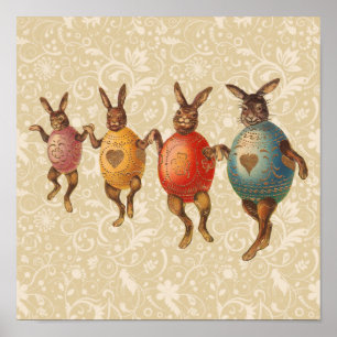 Poster Vintage Easter Bunnies Dancing with Egg Costumes