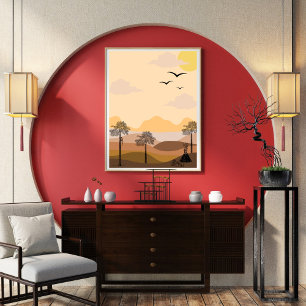Poster Vintage, éclatement de soleil vibrant, arbre serei
