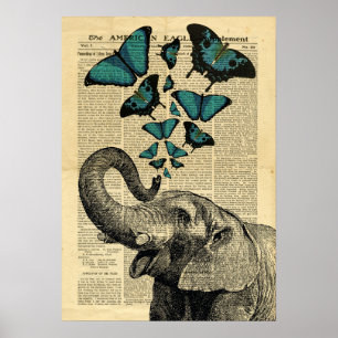 Poster Vintage Elephant Butterflies in de krant