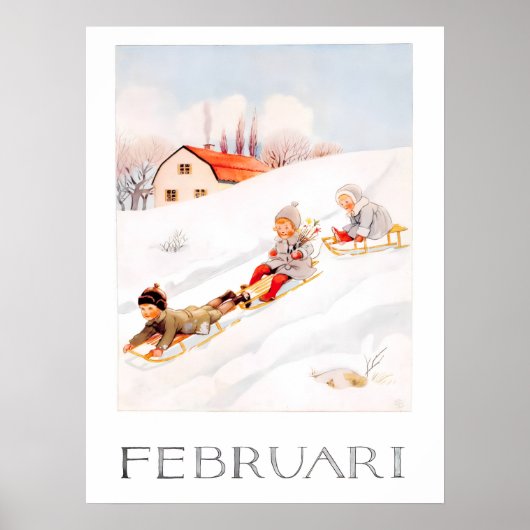 Poster Vintage Elsa Beskow February Sledding Nursery (Devant)