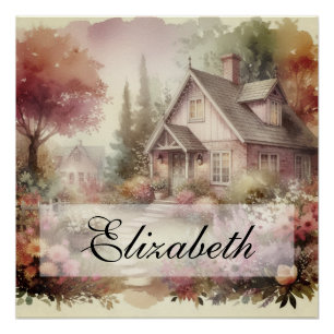 Poster Vintage Fall Scenery cottage jardin fleuri feuille