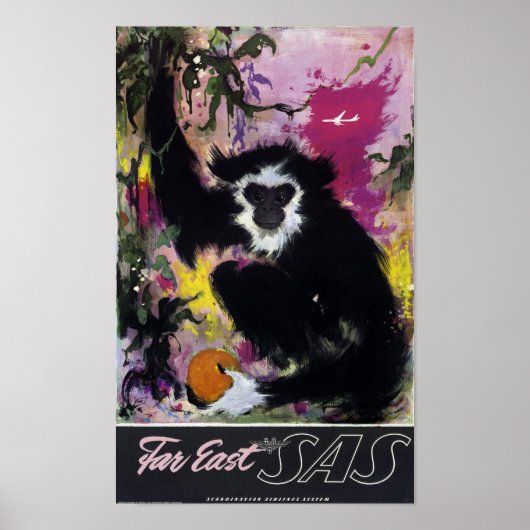 Poster Vintage Far East Gibbon Monkey Travel (Devant)