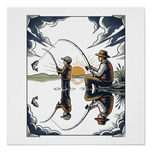 Poster Vintage Father and Child Fishing Engraving Shirt D (Devant)