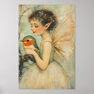 Poster Vintage Fée de Noël avec Robin Whimsical