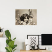 Poster Vintage fille avec lapin géant de Pâques (Bureau à domicile)