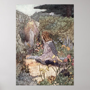 Poster Vintage fille dans le jardin aux fleurs par Charle