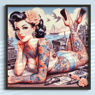 Poster Vintage fille de l'ancienne école de tatouage