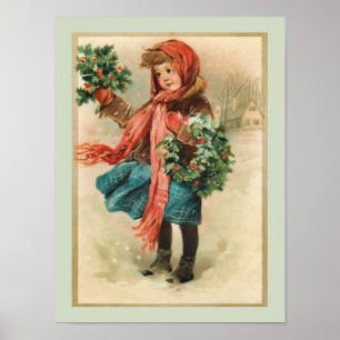 Poster Vintage fille de Noël mignonne avec des couronnes